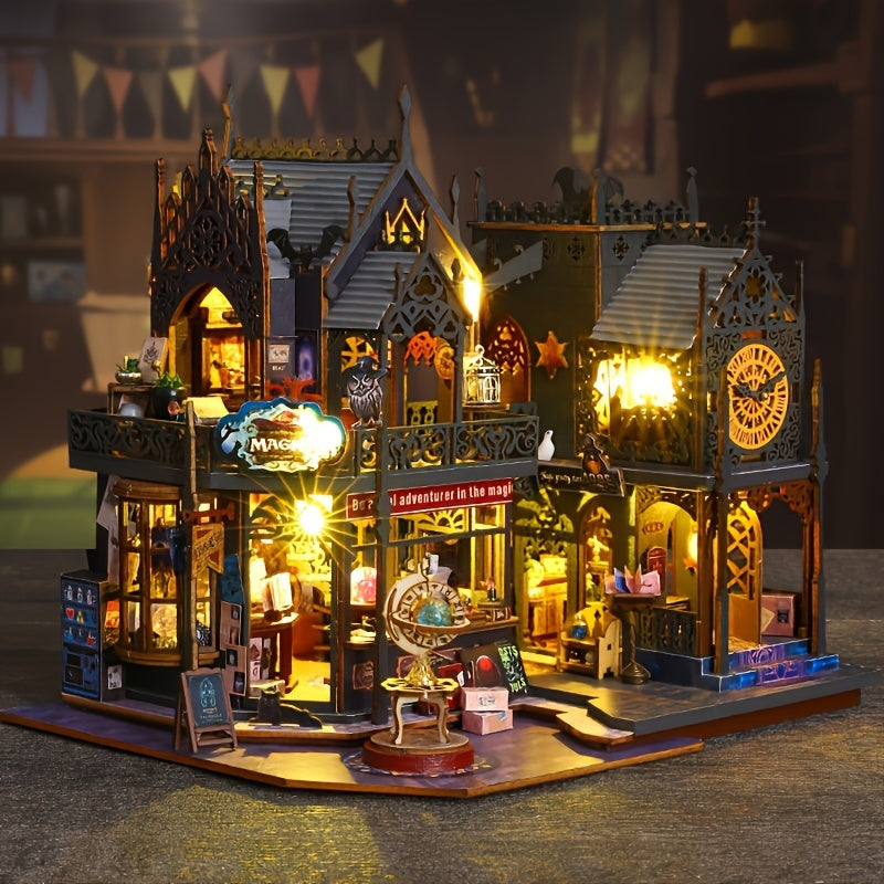 Decorative 3D wooden puzzle of an Enchanting Book House, functioning as a unique illuminated book nook or bookend.