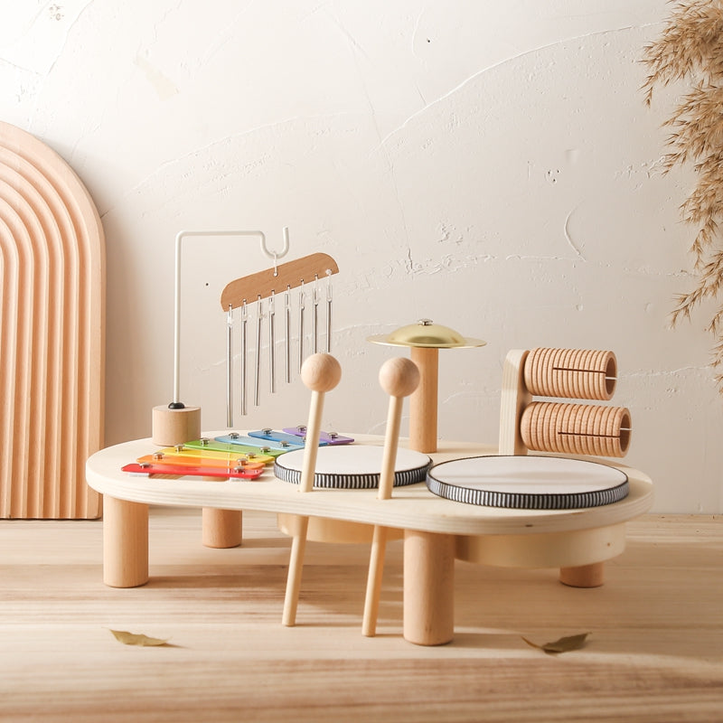 Engaging kids wooden music play table with xylophone, drums, and shakers for toddlers aged 1+, a fun educational rhythm toy.