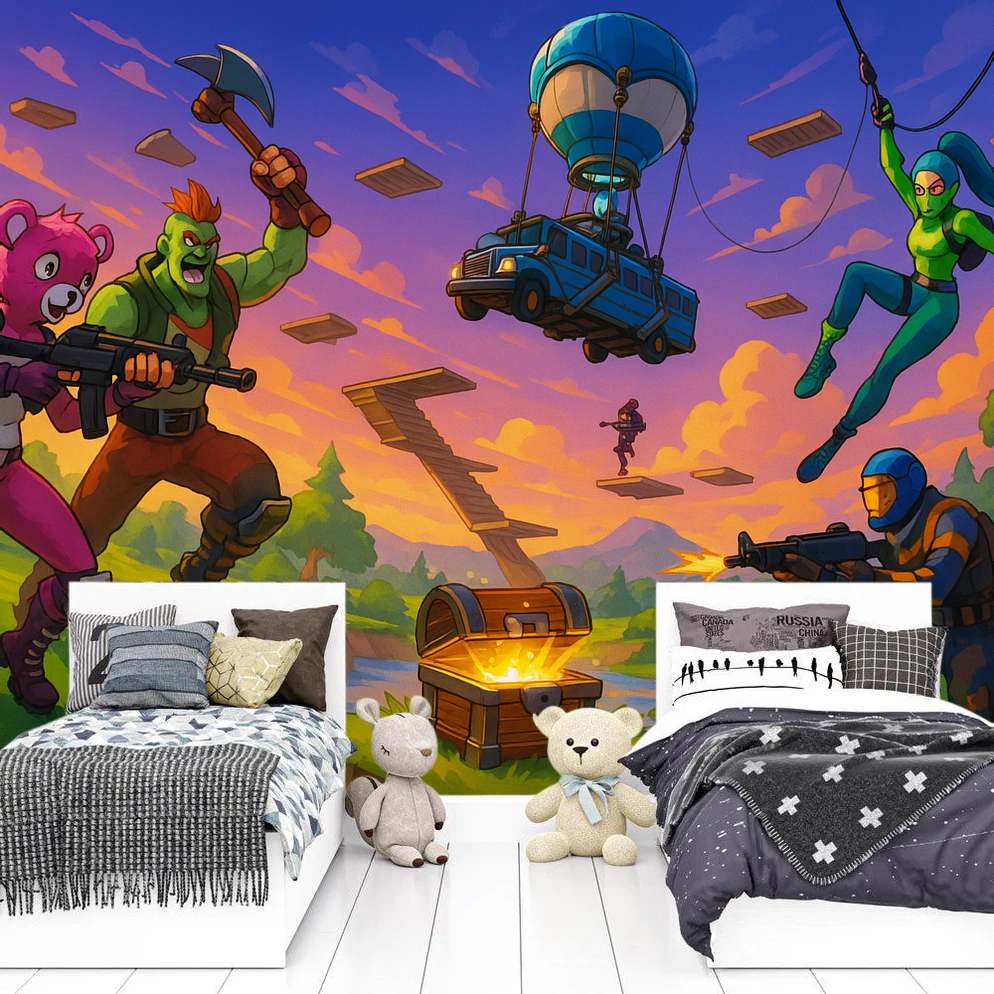 Epic Fortnite battle scene wall mural, perfect for gaming rooms. Peel and stick gamer wallpaper with action characters.