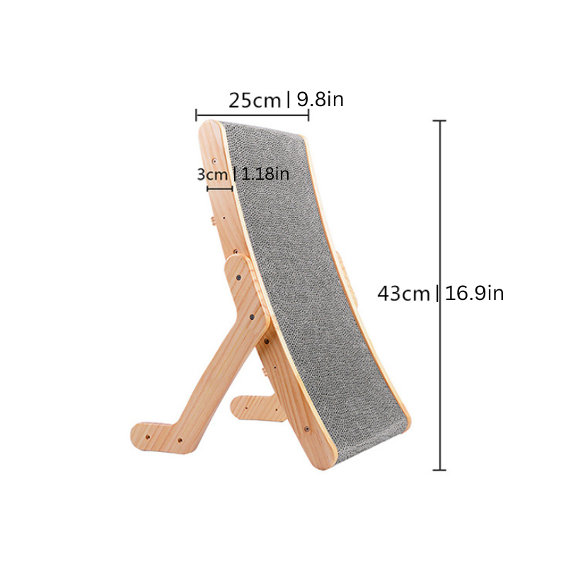 Wood cat scratcher in a curved design, promoting cat health and activity
