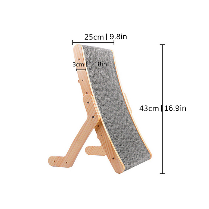 Wood cat scratcher in a curved design, promoting cat health and activity