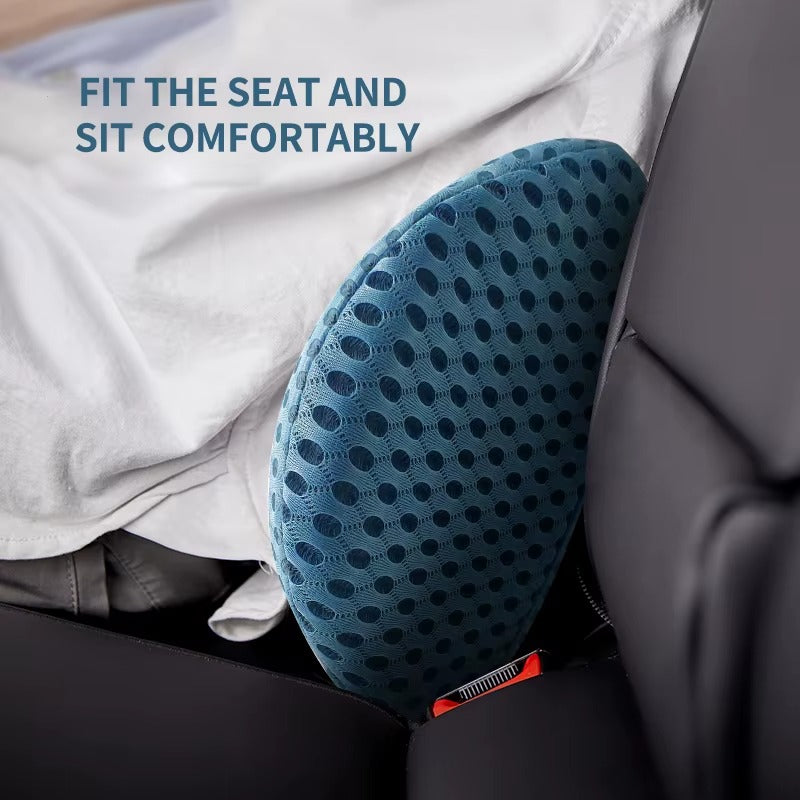 Lumbar support cushion shown on an office chair, providing ergonomic back pain relief & posture correction.