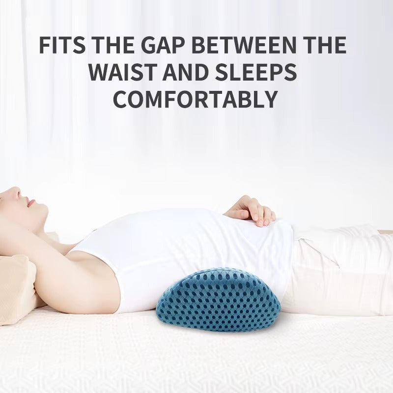 Portable lumbar support cushion in a car seat for ergonomic back pain relief & enhanced sitting comfort during travel.