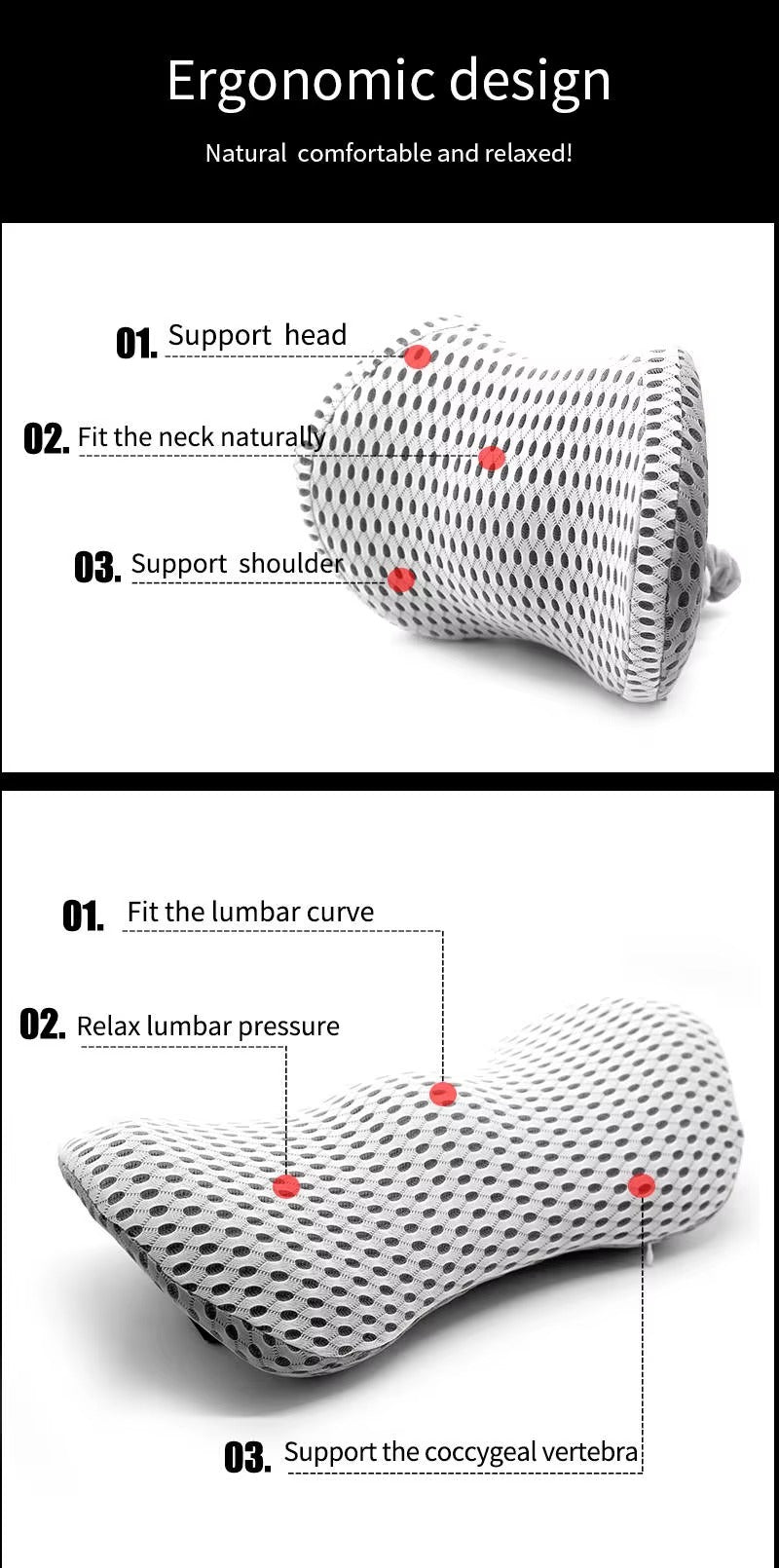 Close-up of ergonomic lumbar support cushion, highlighting breathable material & contoured design for spine health.