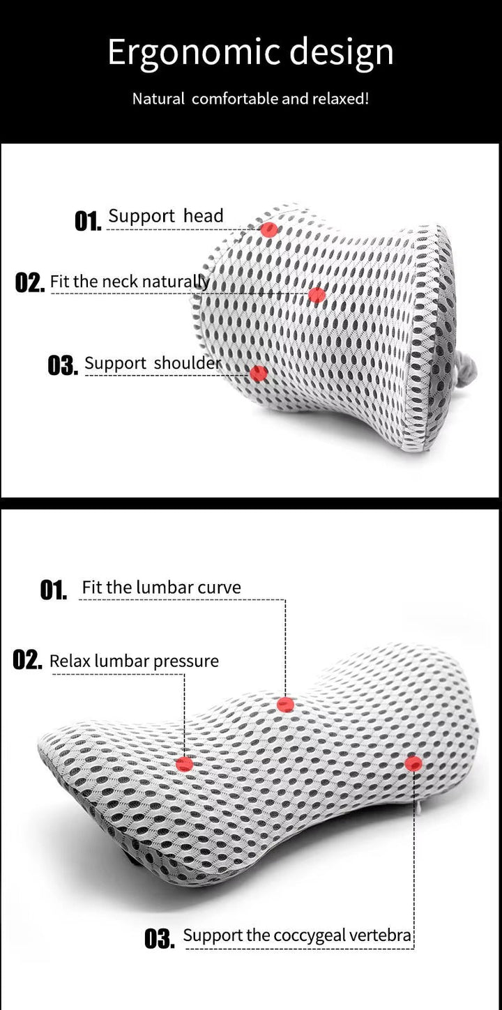 Close-up of ergonomic lumbar support cushion, highlighting breathable material & contoured design for spine health.