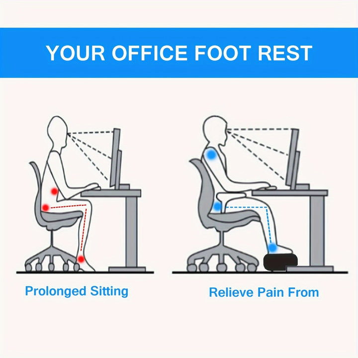 Home office setup featuring a black ergonomic memory foam footrest