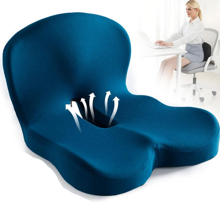 Ergonomic seat cushion in use on a standard office chair