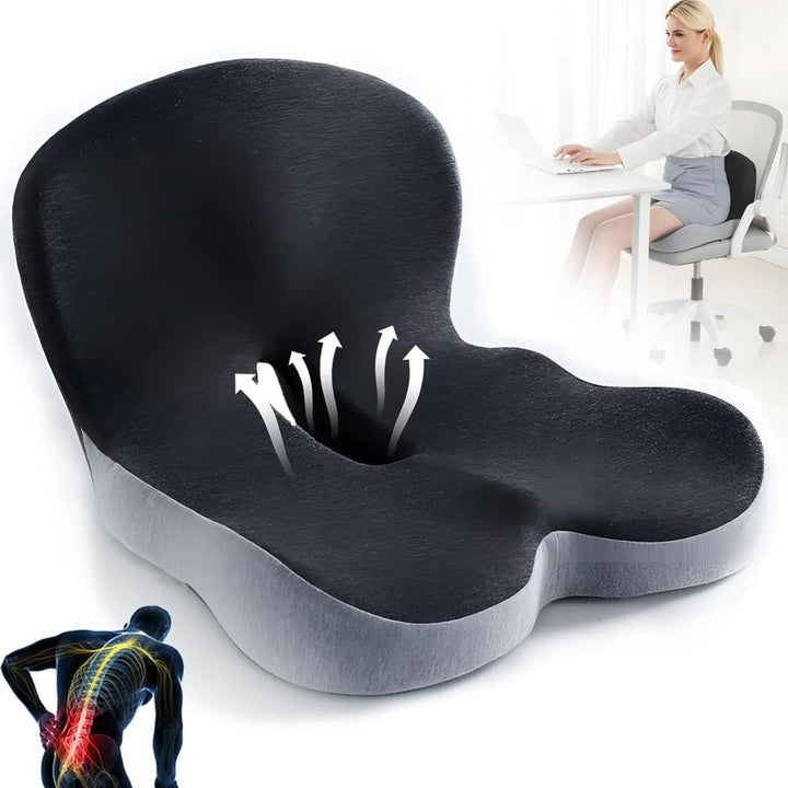 Memory foam cushion placed on a car seat for added comfort