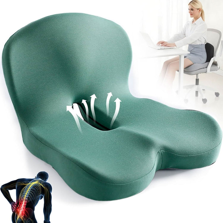 Pain relief seat cushion with ergonomic contours and soft memory foam