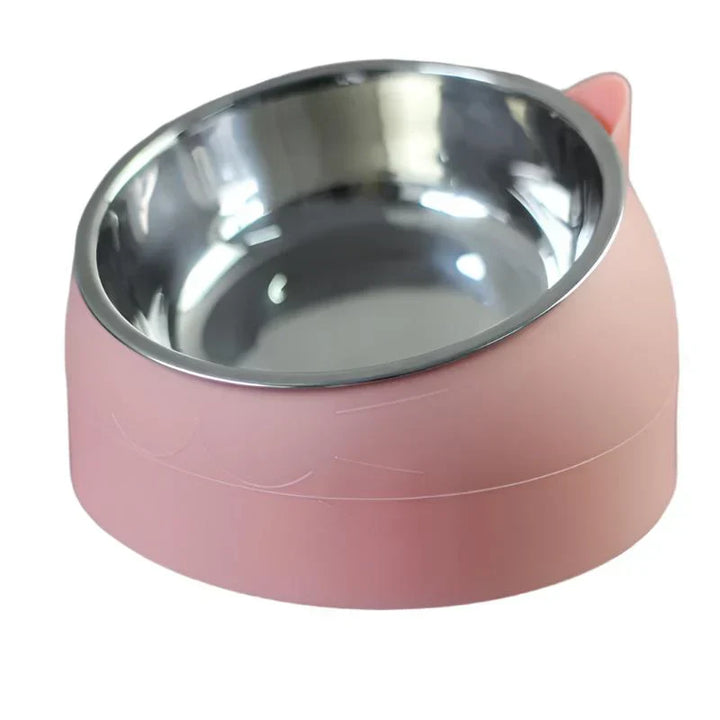 Close-up of a light blue raised cat bowl, easy to clean pet supplies.