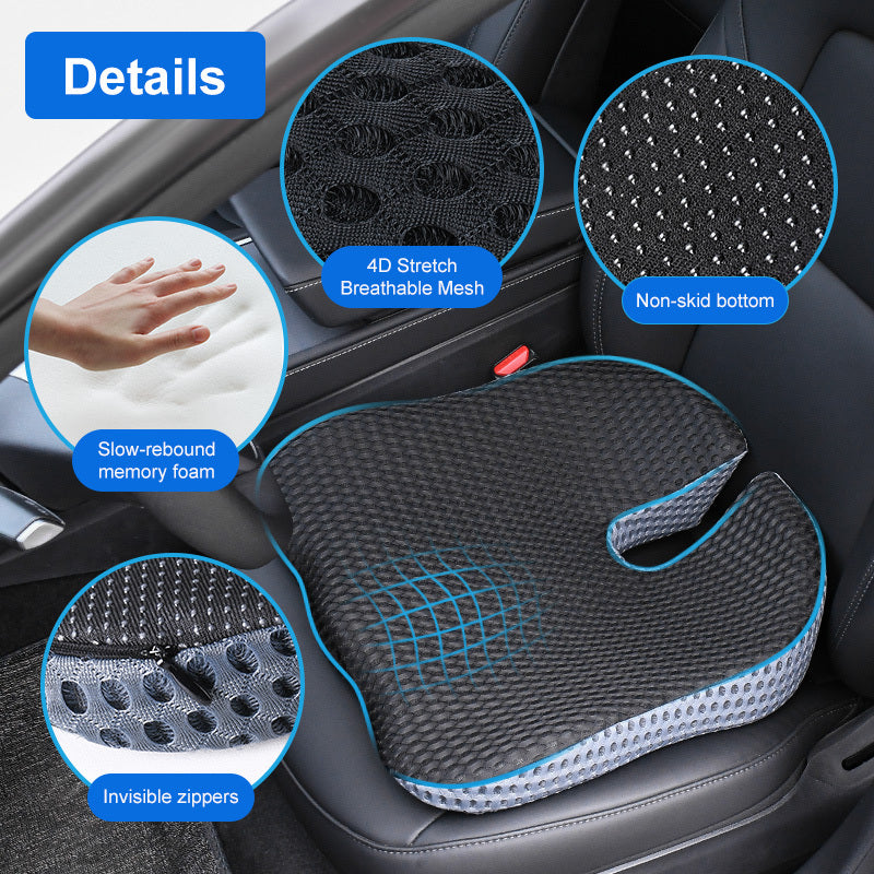 Memory foam car seat cushion providing superior posture support and driving comfort