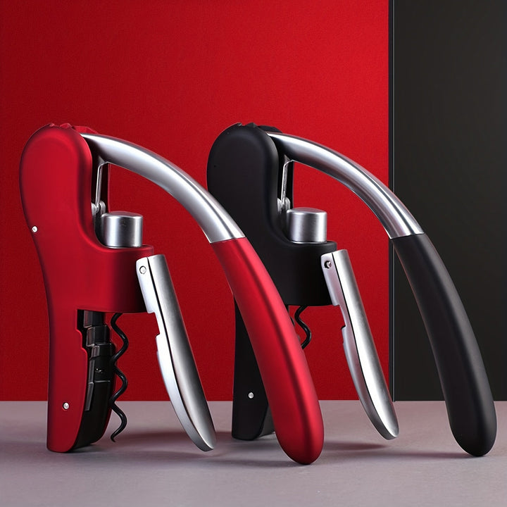 Ergonomic wine bottle opener with black and red handles, easy cork removal.