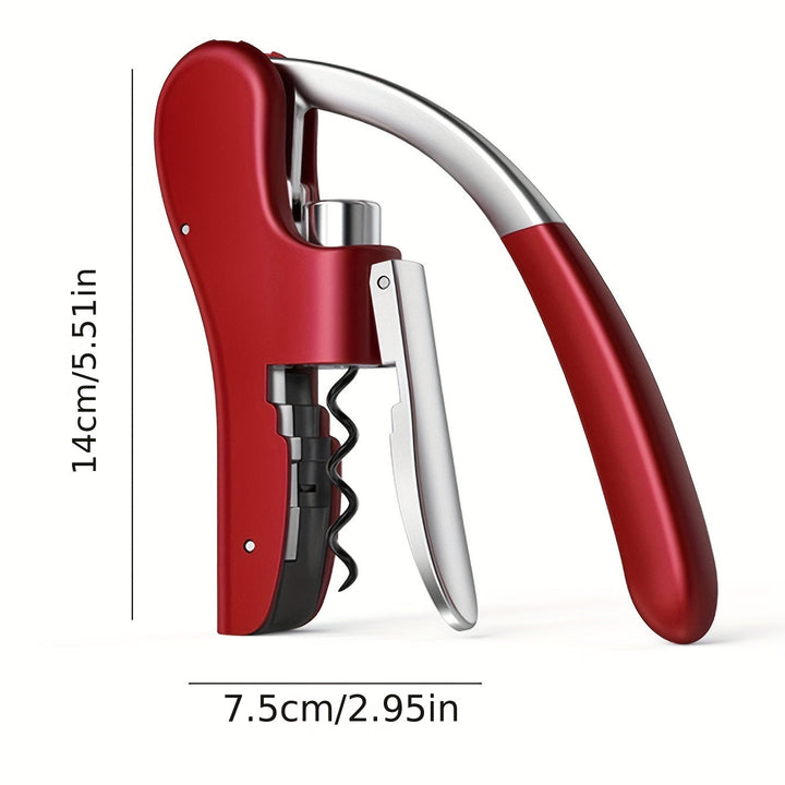 Close-up of the effortless wine bottle opener's corkscrew mechanism in action.