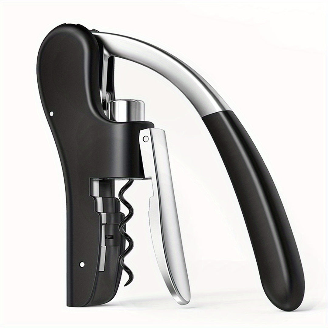 Man using the ergonomic wine opener to effortlessly uncork a red wine bottle.