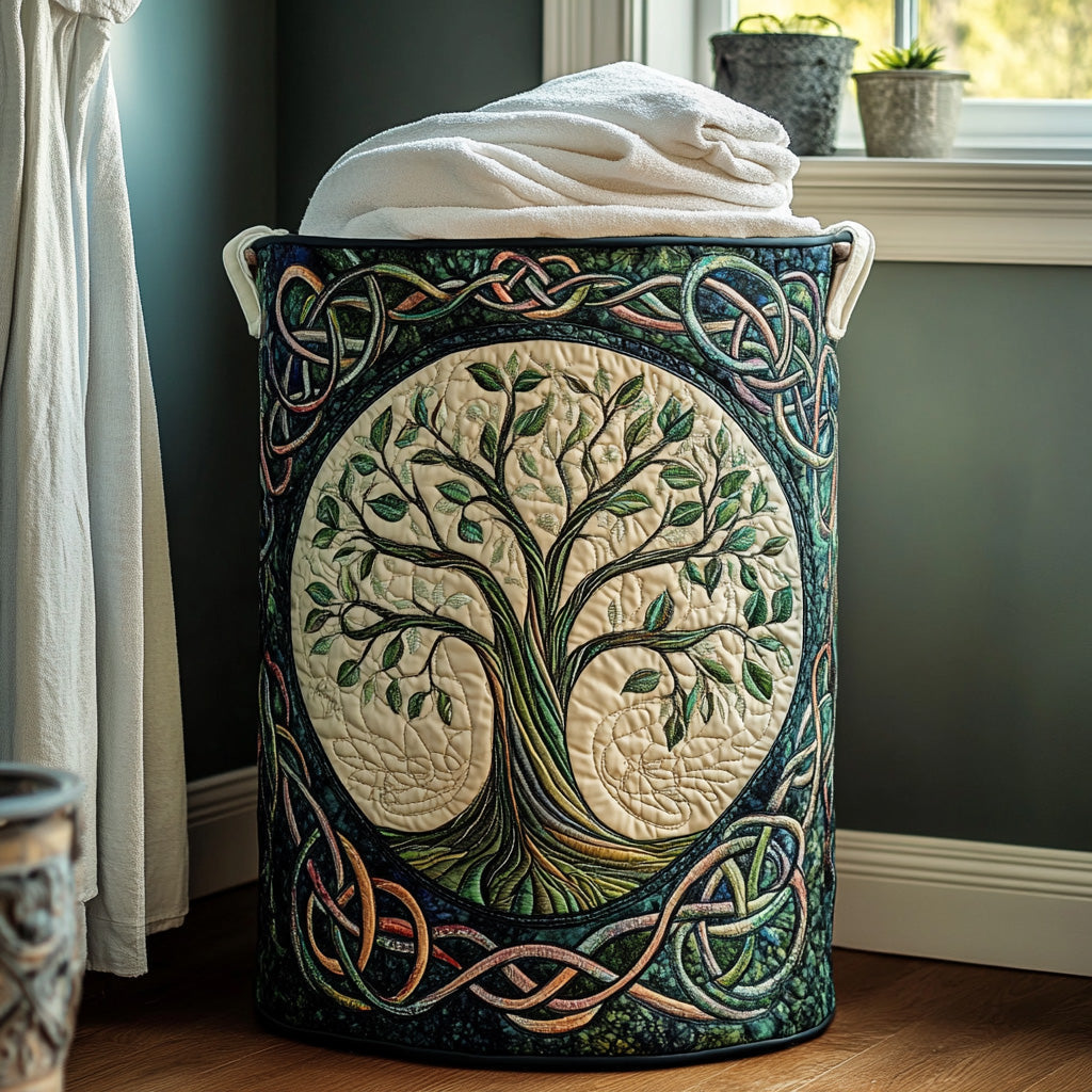 Eternal Roots Quilted Laundry Basket, a stylish fabric clothes hamper for home organization & utility storage. Collapsible design.
