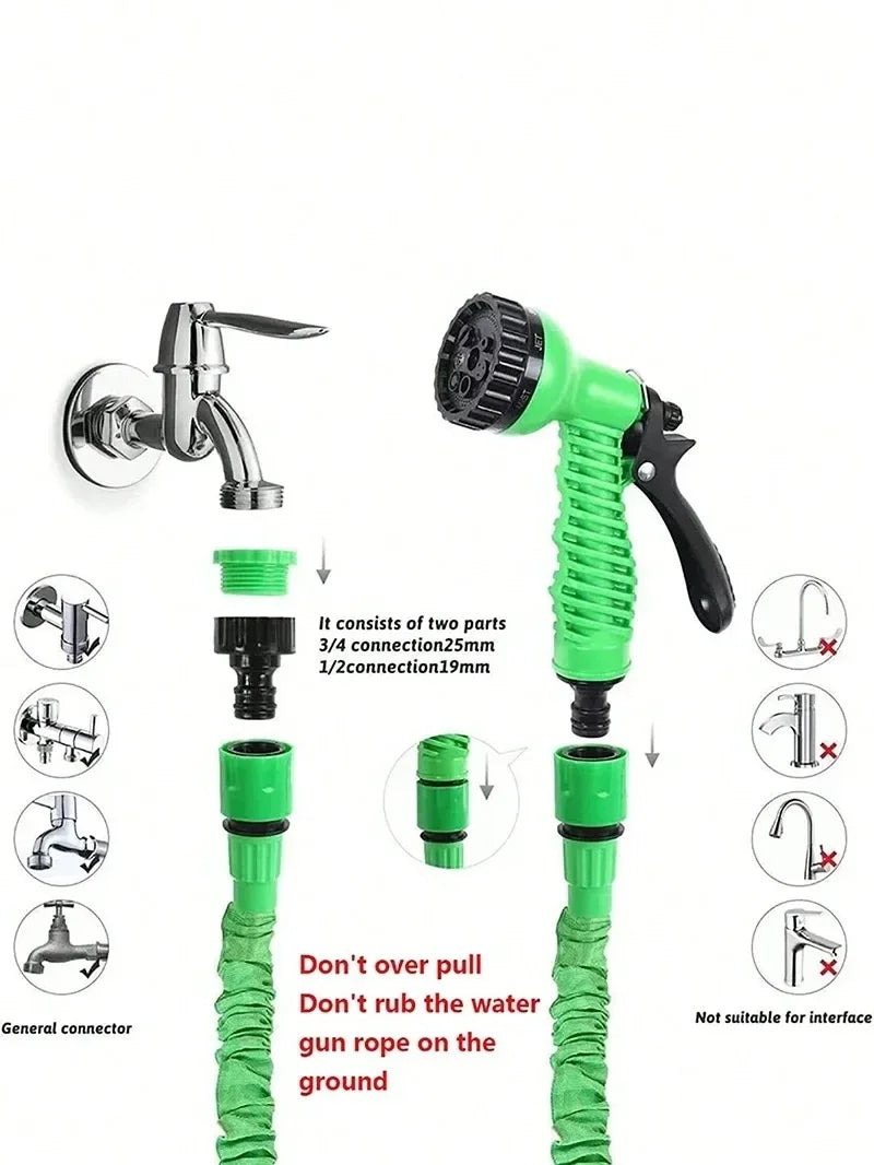Expandable water hose with ergonomic spray gun, a vital gardening tool for efficient use.