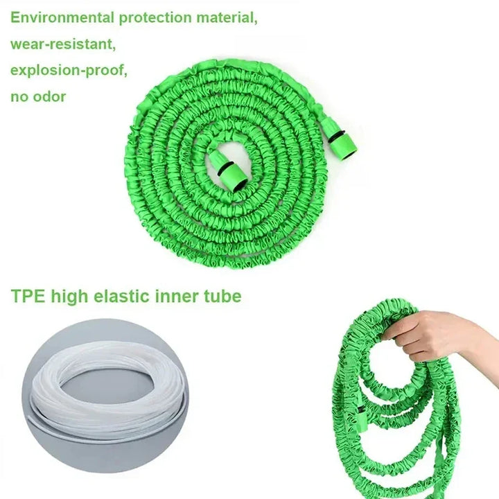 Expandable water hose kit with multi-function spray gun for all your gardening needs.