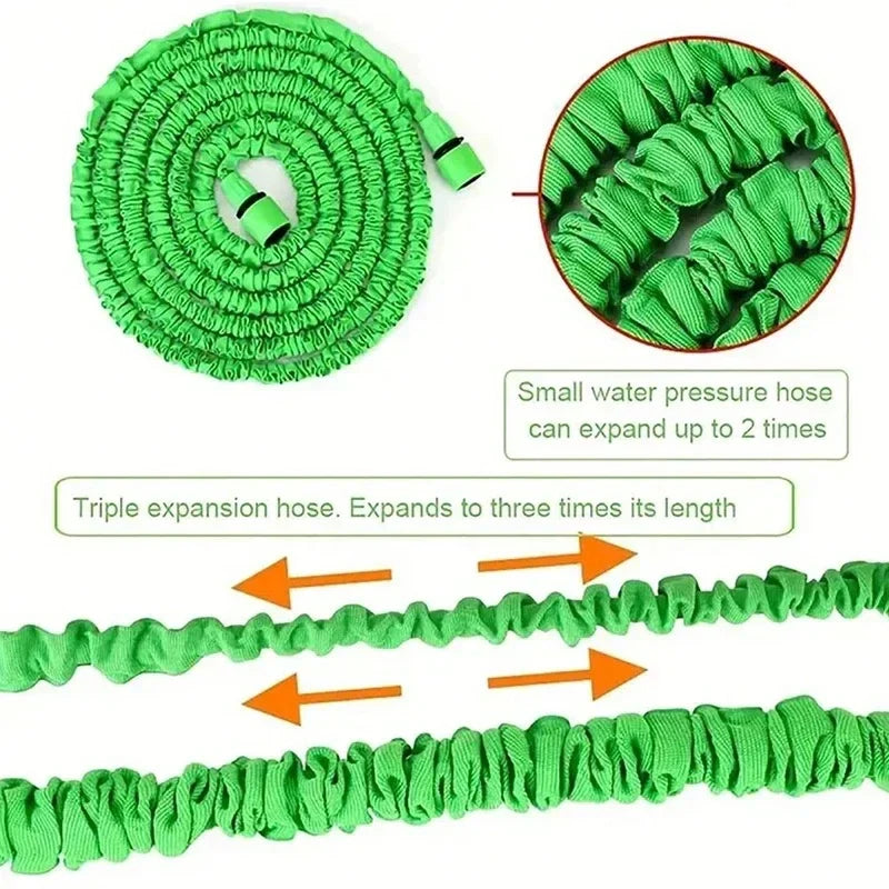 Compact expandable garden hose, ideal for patio cleaning, lawn watering, & car wash.