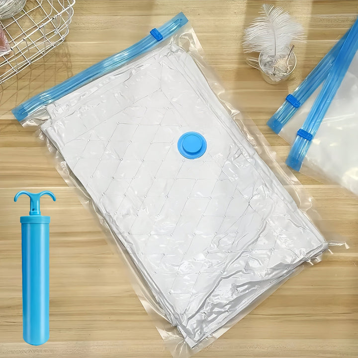 Extra large vacuum storage bag filled with comforters for space saving.