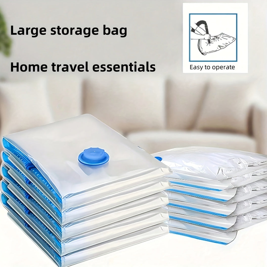 Woman using an extra large vacuum storage bag for closet organization.