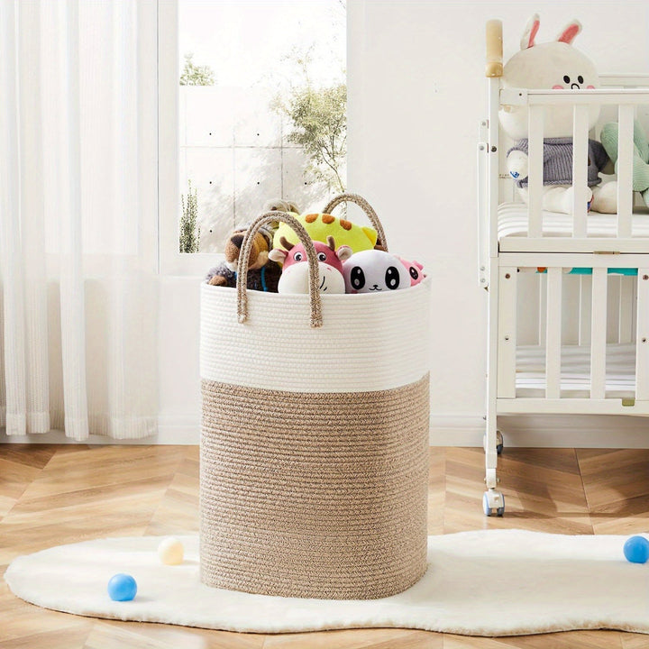 Oversized woven storage bin, versatile for blankets, toys, and laundry