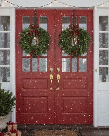 Farmhouse boho Christmas wreath with bells, perfect for holiday door decor.