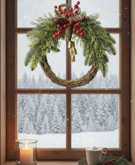 Handmade boho Christmas wreath featuring winter greens and rustic bells.