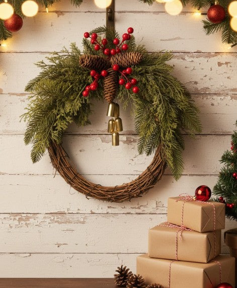 Cozy boho Christmas door wreath with a rustic farmhouse feel and jingle bells.