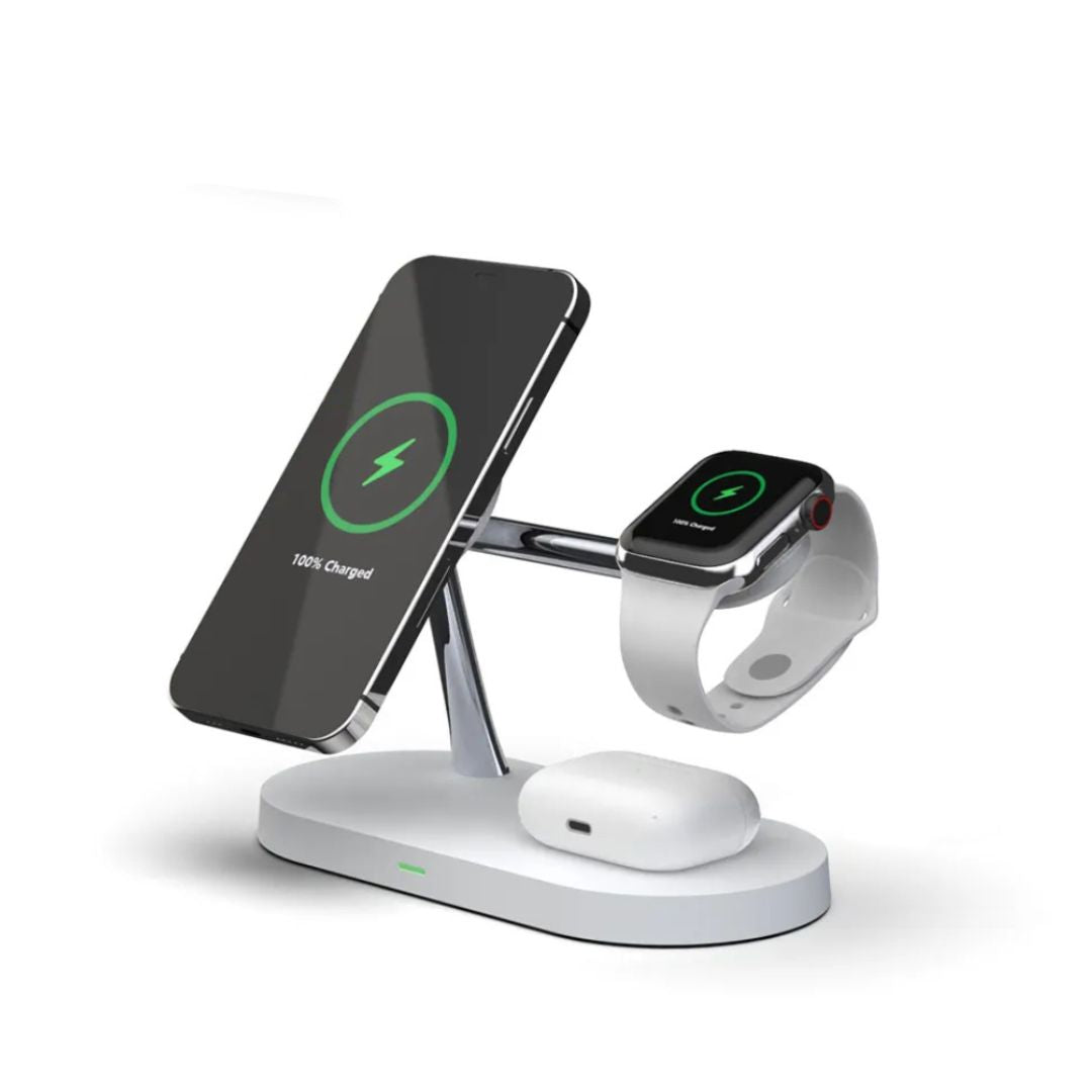 Fast 3-in-1 wireless charging dock for iPhone, Apple Watch, and AirPods. Sleek white multi-device station.