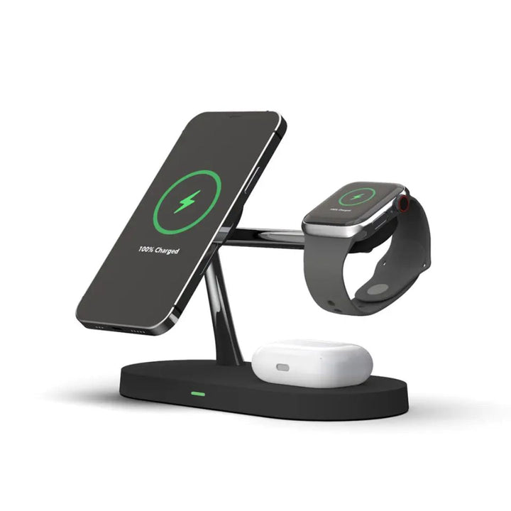 Unisex multi-device wireless charging station, a sleek desk organizer for phone, watch, and earbuds. Black.