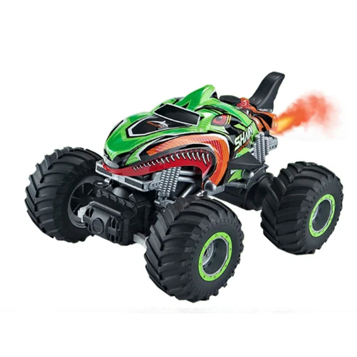 Remote control monster truck toy with 4x4 capability and cool shark digger theme, sprays water.