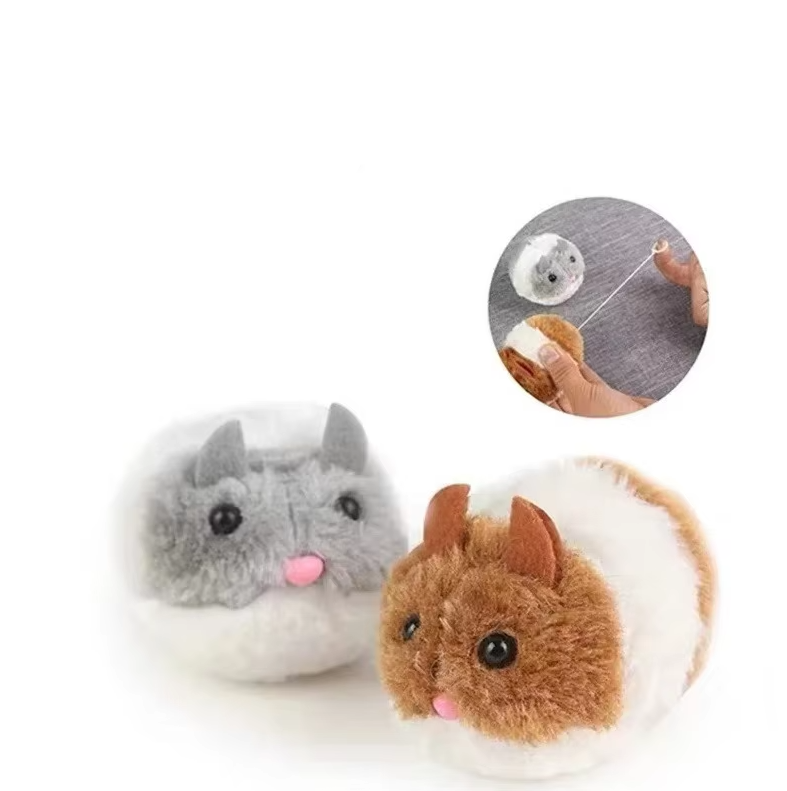 Grey electric plush hamster cat toy, promoting feline enrichment through playful interaction.