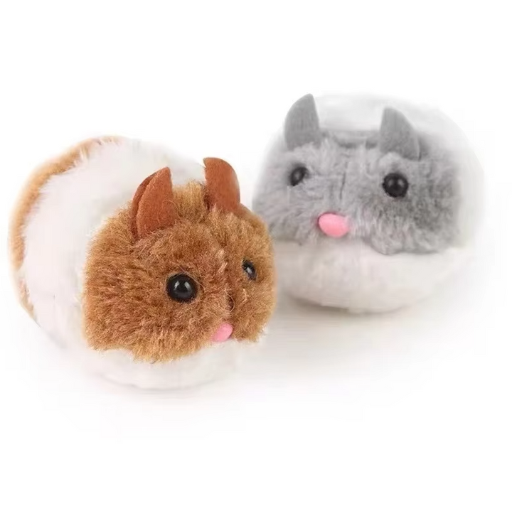 Close-up of a grey electric plush hamster, an engaging cat toy for active feline exercise.