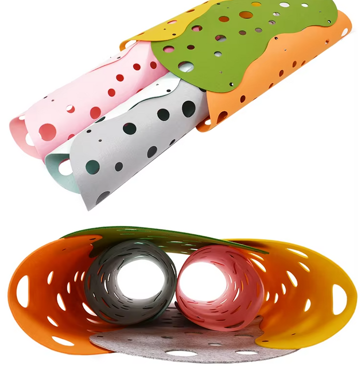 Cat hideout tunnel for playful felines, featuring holes for interactive fun & daily exercise.