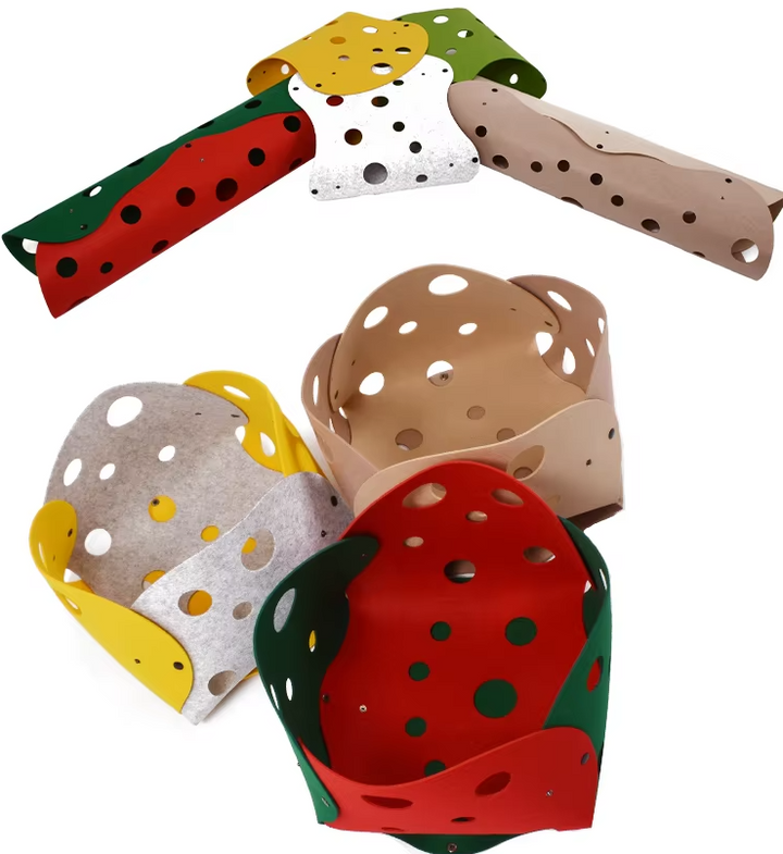 Vibrant felt cat play tunnel, an interactive toy with holes for active cats to explore & exercise.