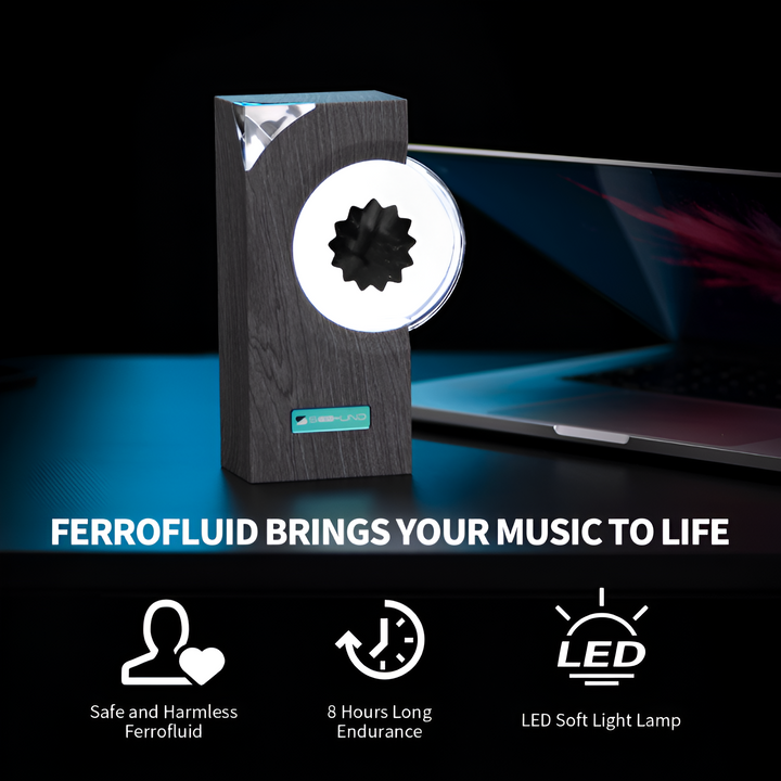 Dynamic ferrofluid display in a sleek sound visualizer, perfect mood lighting for audio enthusiasts.
