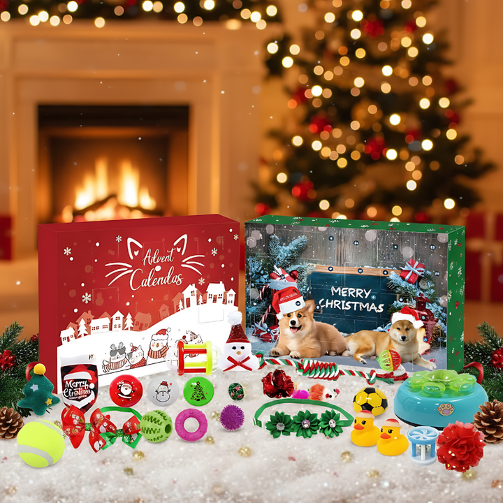 Festive pet advent calendar with 24 doors for dogs and cats, filled with holiday surprises.