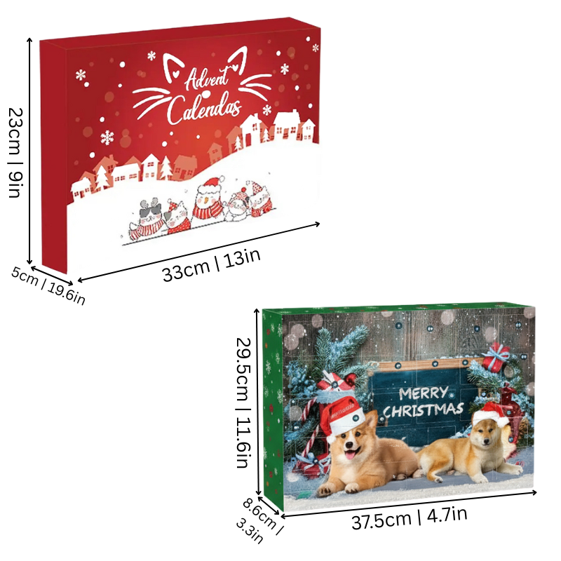 Dog and cat advent calendar showcasing festive pet items and daily treats for Christmas.