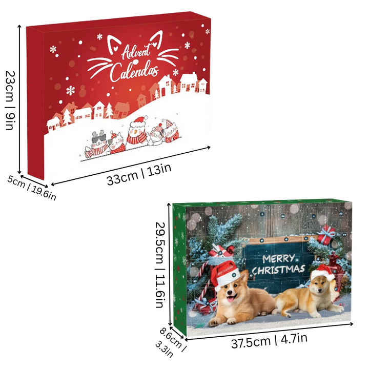 Dog and cat advent calendar showcasing festive pet items and daily treats for Christmas.