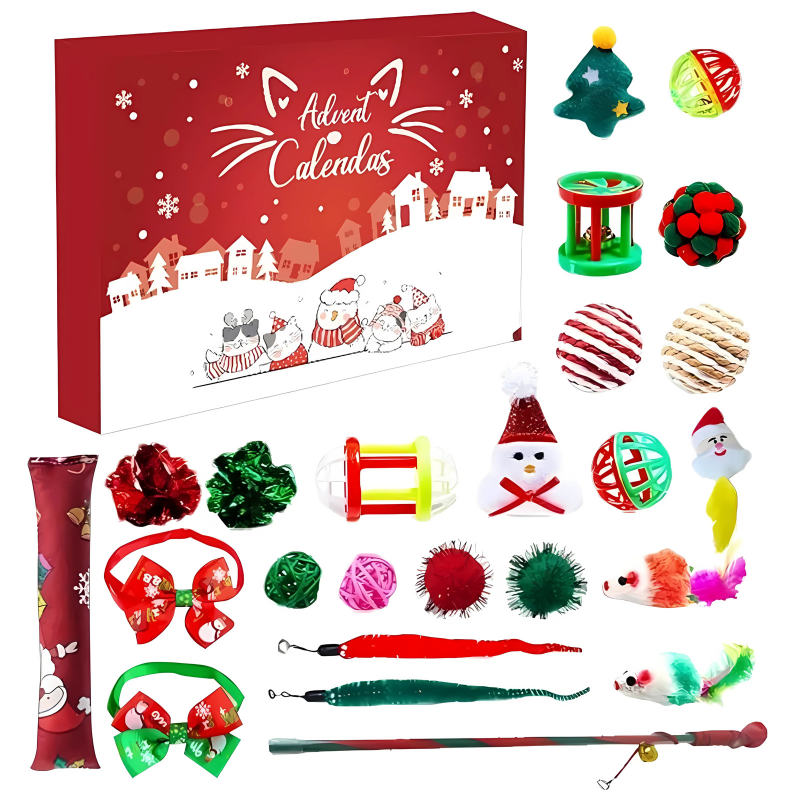 Close-up of a holiday pet advent calendar, highlighting dog and cat Christmas gift toys.