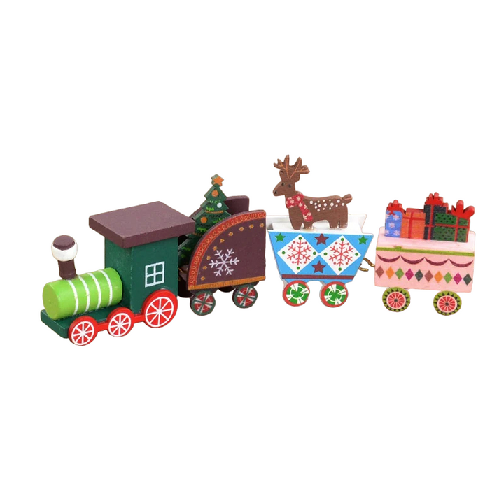 Festive wooden Christmas train toy for kids, a delightful holiday decor item.