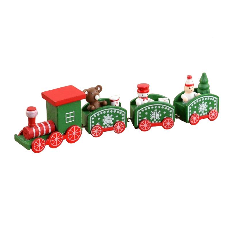 Close-up of a charming wooden Christmas train, perfect for children's holiday play.