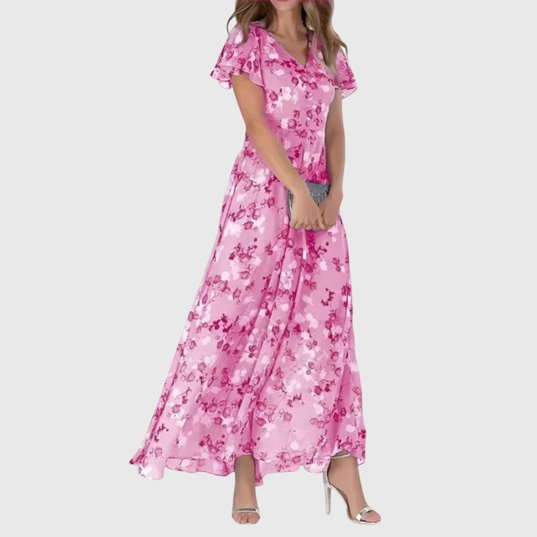 Chic pink figure flattering dress for women. Elegant style, perfect for summer parties or sophisticated casual wear.