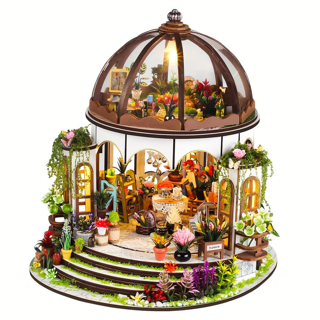 Miniature flower house 3D wooden puzzle with LED lights glowing softly, perfect as charming home decor.