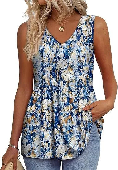 Chic V-neck sleeveless peplum tank top with a vibrant pattern. Women's elegant summer blouse.