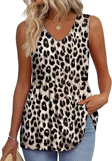Ladies' patterned V-neck sleeveless peplum tank top. Flattering design for summer and spring style.