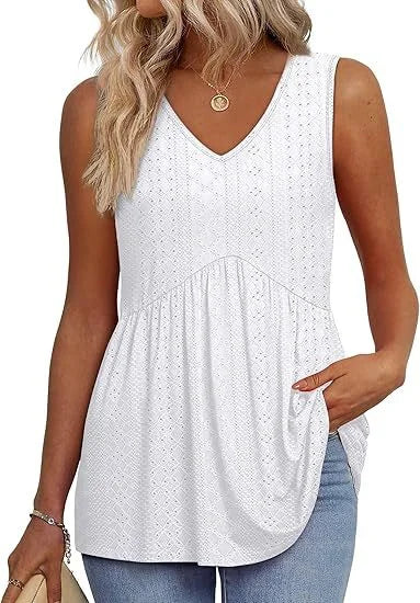Striped V-neck sleeveless peplum tank top for women. Chic casual spring/summer striped fashion top.