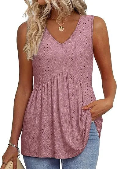 Women's patterned V-neck sleeveless peplum tank top. Stylish summer fashion & spring style.