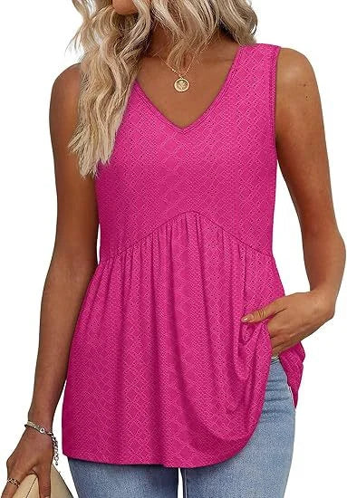 Elegant women's patterned V-neck sleeveless peplum tank top. Ideal for casual chic spring days.