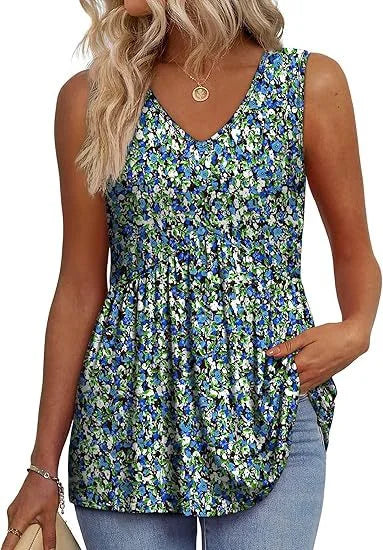 Ladies' floral pattern V-neck sleeveless peplum tank top. Comfortable & chic summer fashion.